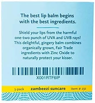 ZAMBEEZI Organic, Fair Trade Beeswax Lip Balm - Suncare 3 Pack - Mineral Based Zinc Oxide Sun Protection - Ethically Sourced