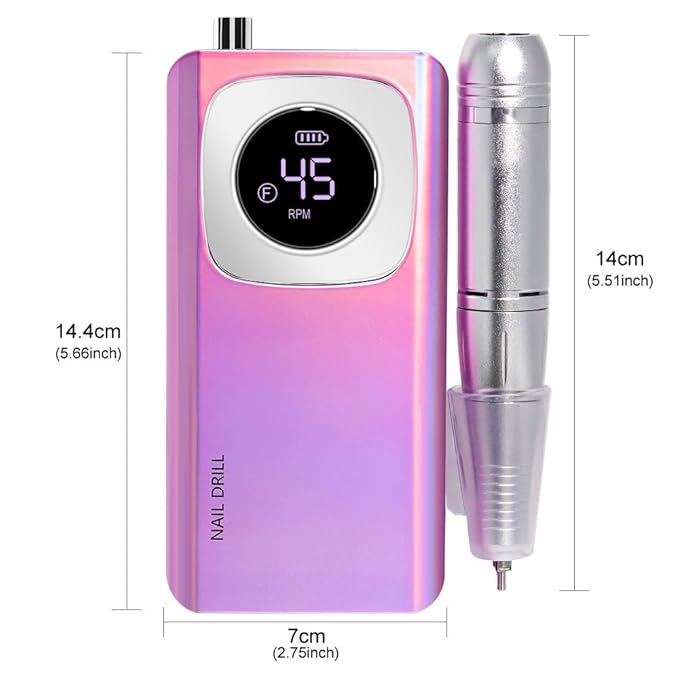 ANRLO Professional Electric Nail Drill, 45000 RPM Cordless Rechargeable E-File Machine, with 12 Bits, Sanding Bands, LCD Display for Acrylic Gel Nails (DMJ-V4-purple-USB)
