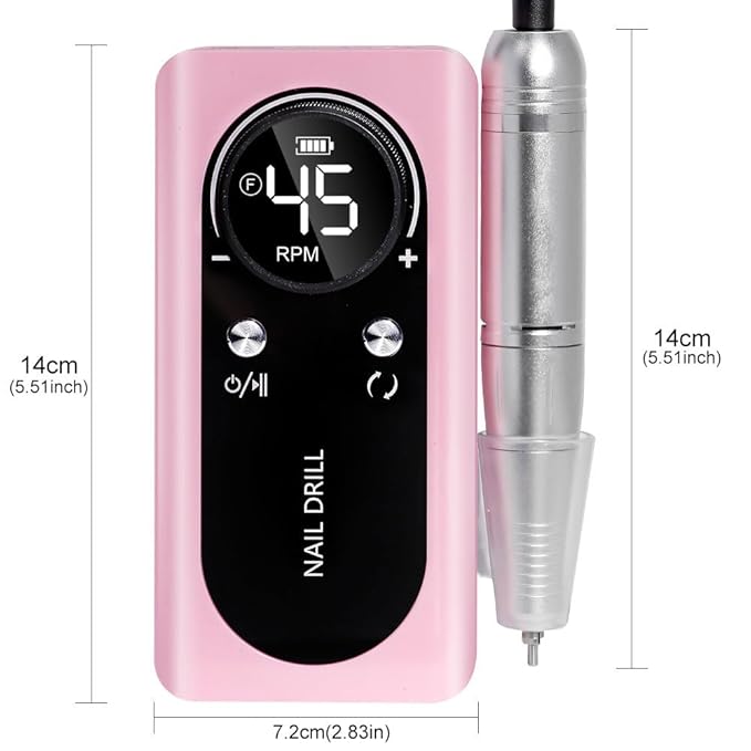 ANRLO Professional Electric Nail Drill, 45000 RPM Cordless Rechargeable E-File Machine, with 12 Bits, Sanding Bands, LCD Display for Acrylic Gel Nails (DMJ-V2-USB-PINK)