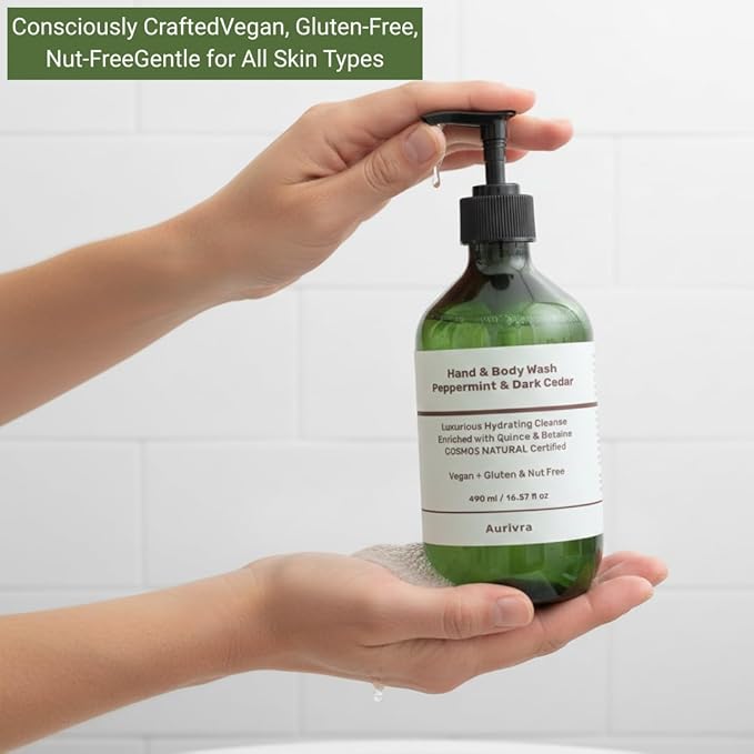 Hand & Body Wash – Peppermint & Dark Cedar | Hydrating, Vegan, Gentle Cleanser | Ecocert COSMOS Natural Certified | For All Skin Types, Spa-Grade Formula | 98% Natural Origin (1)