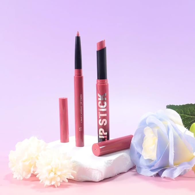 AMY'S DIARY 2Pcs Pink Purple Lipstick and Lip Liner Combo, Lip Liner and Lip Stick Kit for Women, Matte Lip Pencil and Smooth Hydrating Lipstick,Lip Makeup Set (03#Magenta Pink)