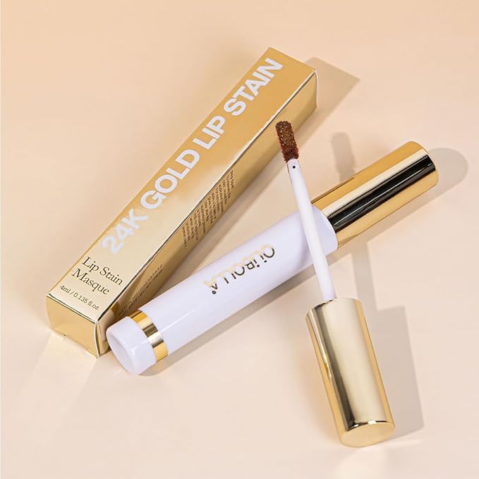 24K Gold Peel Off Matte Liquid Lip Gloss Stain-Lip Liner with Tweezer, Brown Peel Off Lip Stain, Long Lasting & Waterproof Lipstick Tattoo, Transfer-Proof Lip Gloss for All Skin Types