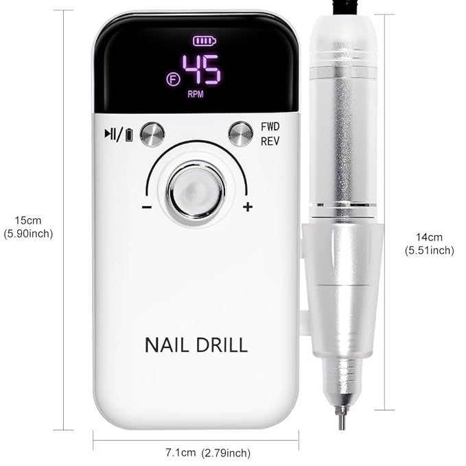 ANRLO Professional Electric Nail Drill, 45000 RPM Cordless Rechargeable E-File Machine, with 12 Bits, Sanding Bands, LCD Display for Acrylic Gel Nails (DMJ-V6-WHITE-USB)