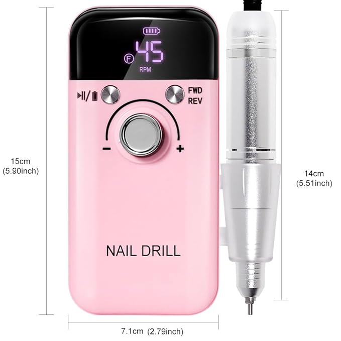 ANRLO Professional Electric Nail Drill, 45000 RPM Cordless Rechargeable E-File Machine, with 12 Bits, Sanding Bands, LCD Display for Acrylic Gel Nails (DMJ-V6-PINK-USB)