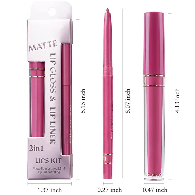 evpct 2Pcs Rose Matte Lip Liner and Lipstick Gloss Stains Makeup Set Kit for Women Long Lasting Waterproof 24, Rose Red Matte Lipstick Kit with Lip Liner, 24 Hour Lipsticks Pencils