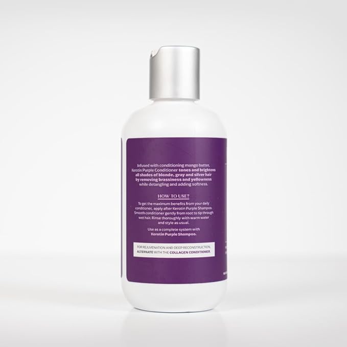 Kerotin Purple Shampoo and Conditioner Set for blond, silver, white, gray hair, and highlights. Removes brassy and yellow tones. Adds shine and moisture. Free of sulfates, parabens, sodium chloride, and silicones. Made in the USA.
