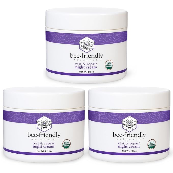 BeeFriendly Organic Night Cream, USDA Certified Organic, Deep Hydrating & Moisturizing Night Time Eye, Face, Neck & Decollete Cream for Women and Men, Anti Aging, Anti Wrinkle 6 oz - 3 Pack