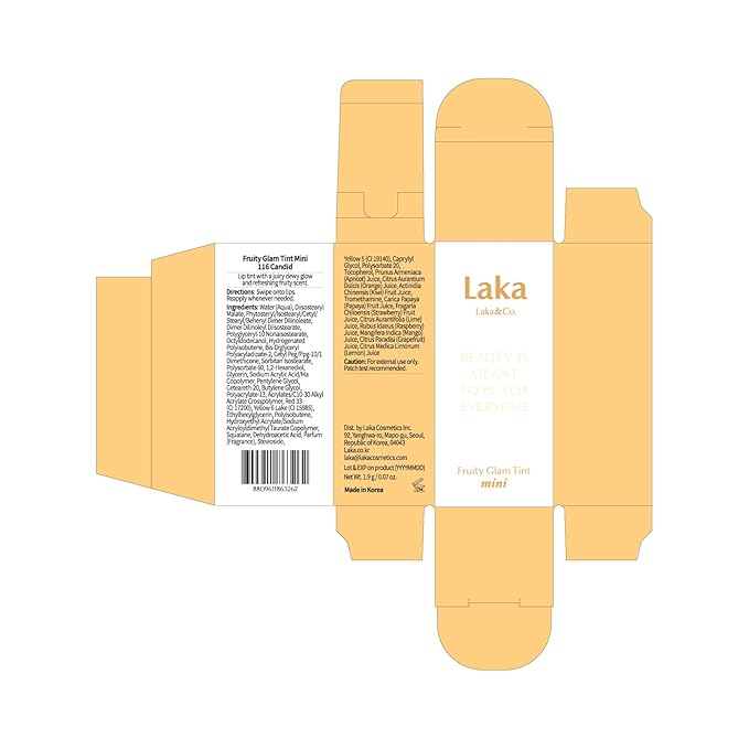 Laka Fruity Glam Lip Tint Mini, 1.9g/0.07oz, Glowing Lip Stain with Wide Color Spectrum, Hydrating & Lightweight Texture, Long-Lasting Bold Stain, Non-Sticky, Vegan, K-Beauty (#116 Candid)