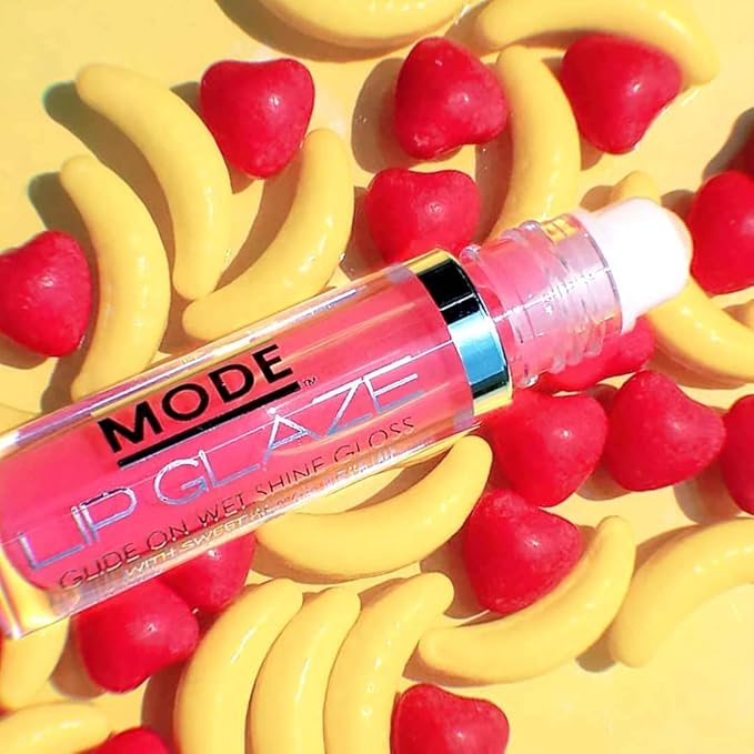 MODE Lip Glaze Flavored Lip Gloss Yummy STRAWBERRY BANANA Flavor Roll On Sweet Wet Nourishing Glossy Shine, Hydrating Natural Skincare Fruit Oils