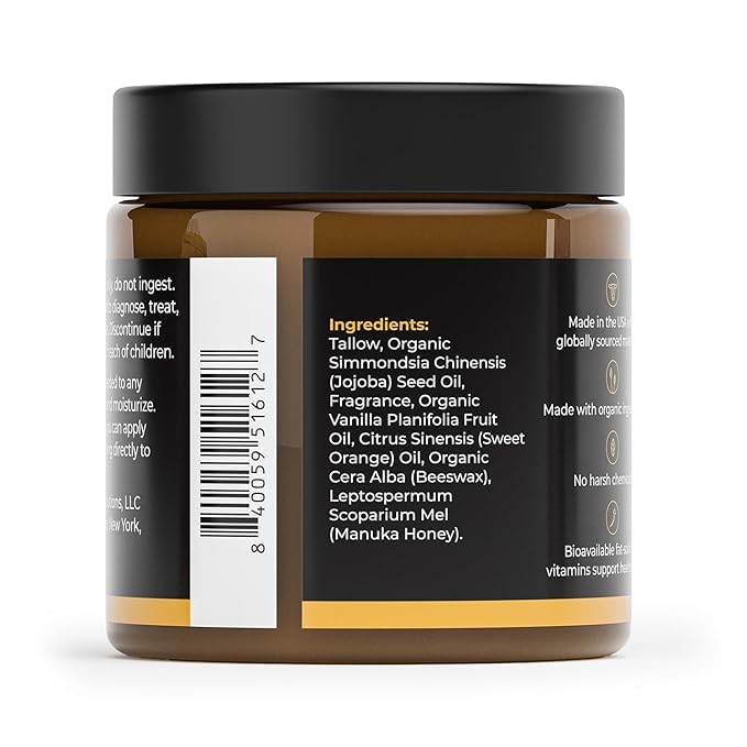 Healing Solutions - Whipped Tallow Balm, Mango, Orange, Vanilla Scent, Grass Fed/Grass Finished Beef Tallow, Organic Jojoba & Manuka Honey for Skin, Face & Body, All Natural Moisturizer, Made in USA