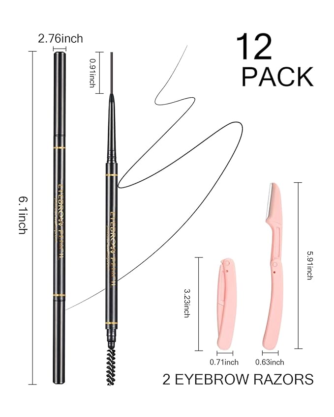SUMEITANG Black Eye Brow Pencils for Women, 6Pcs Waterproof Eyebrow Pencil, 1.5mm Micro-Fine Tip & Spiral Brush with Brow Razors Perfect for Creating a Natural and Delicate Eyebrow Look Makeup
