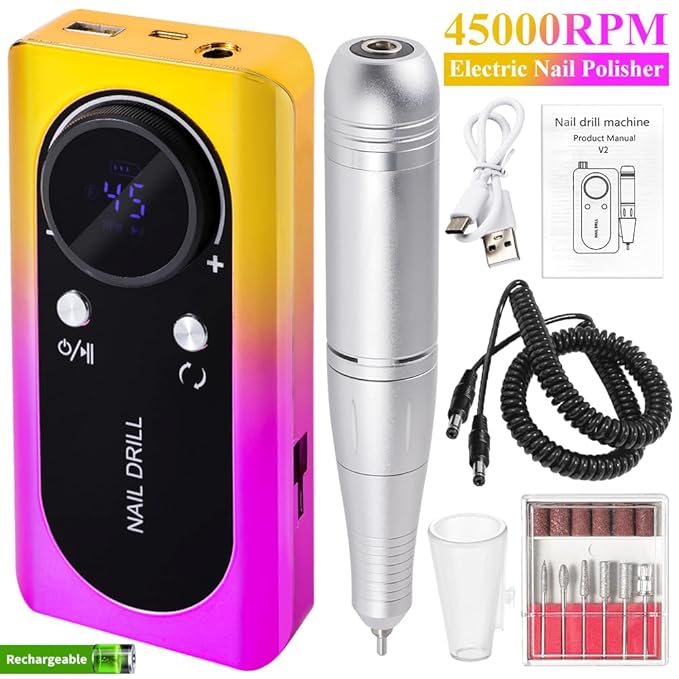 ANRLO Professional Electric Nail Drill, 45000 RPM Cordless Rechargeable E-File Machine, with 12 Bits, Sanding Bands, LCD Display for Acrylic Gel Nails (DMJ-V2-Gold-USB)