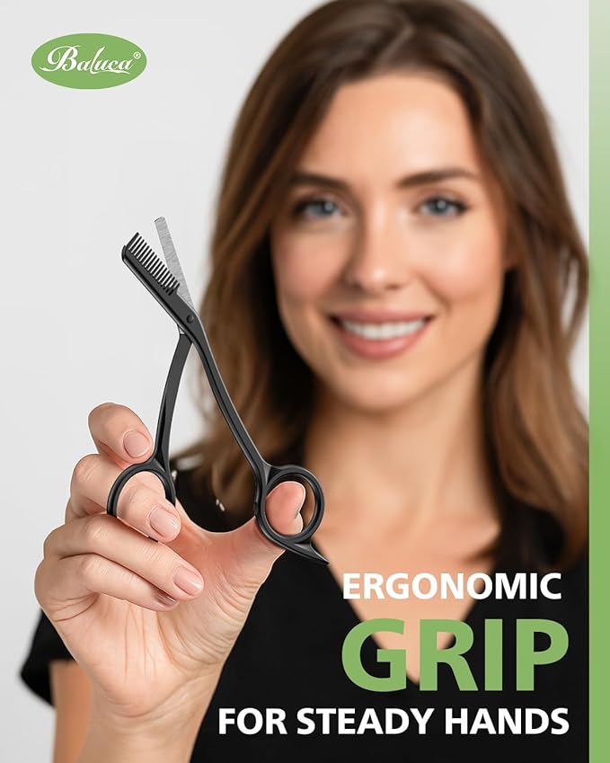 BALUCA Eyebrow Scissors with Comb | Professional Stainless Steel Eyebrow Trimmer for Women & Men | Dual-Design Precision Eye Brow Trimmer Scissors for Effortless Grooming, Silver (Black)