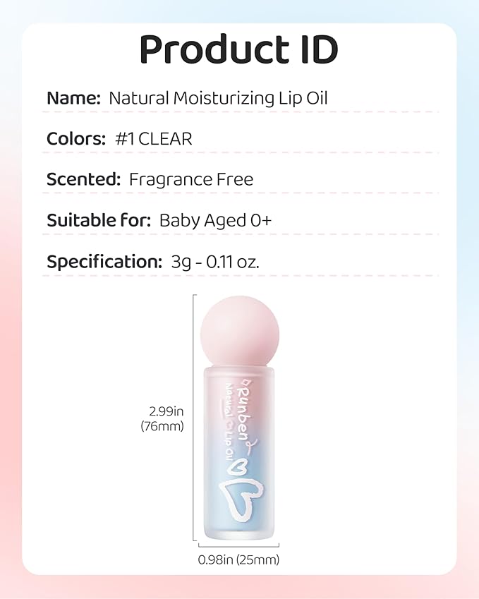 RUNBEN Baby Hydration Lip Oil, 48H Lasting Moisturizing, Clean & Non-toxic, Kids Chapped Lips Care, Fragrance Free(Clear)