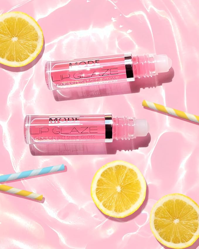 MODE Lip Glaze Flavored Lip Gloss Yummy PINK LEMONADE Flavor Roll On Sweet Wet Nourishing Shine, Moisturizing Natural Skincare Fruit Oils, Made in NY USA