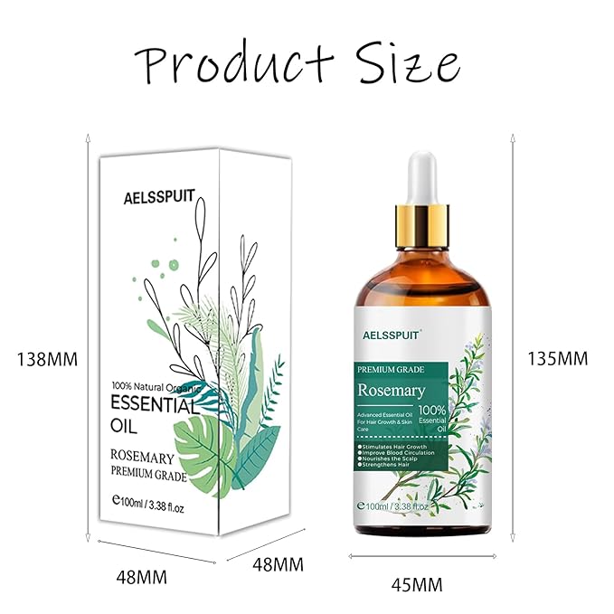 GOSNLDOW Rosemary Essential Oil for Hair Growth & Scalp Care - 3.38 Fl Oz (100ml) 100% Pure Organic Cold Pressed Oil in Glass Bottle - Aromatherapy Diffuser, Skin & Nail Treatment(Large, Rosemary)