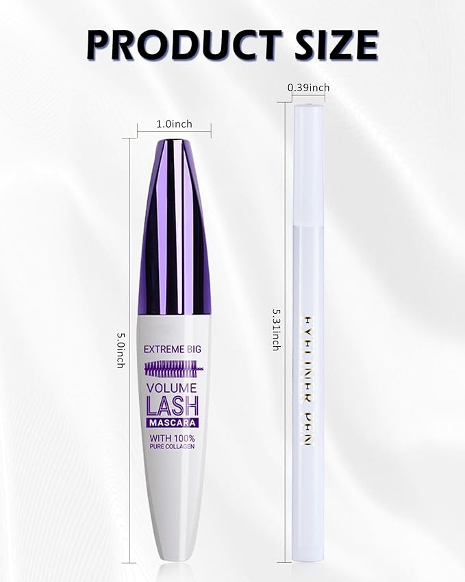 Green Waterproof Mascara & Eyeliner, 5D Silk Fiber Lash Extension Colored Tube Mascara Volume and Length,Long-Lasting Smudge-Proof Volumizing Colorful Máscara and Liquid Eyeliner Pen Set for Women