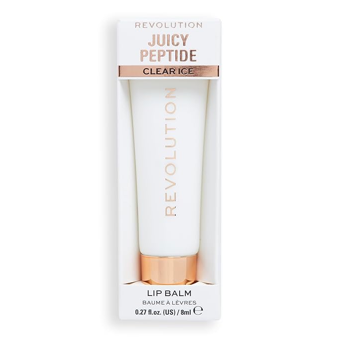Revolution Beauty London, Juicy Peptide Lip Balm, Hydrating & Plumping Lip Balm with Sheer Color, Infused with Vitamin E & Peptides, Clear Ice, 0.27 fl oz