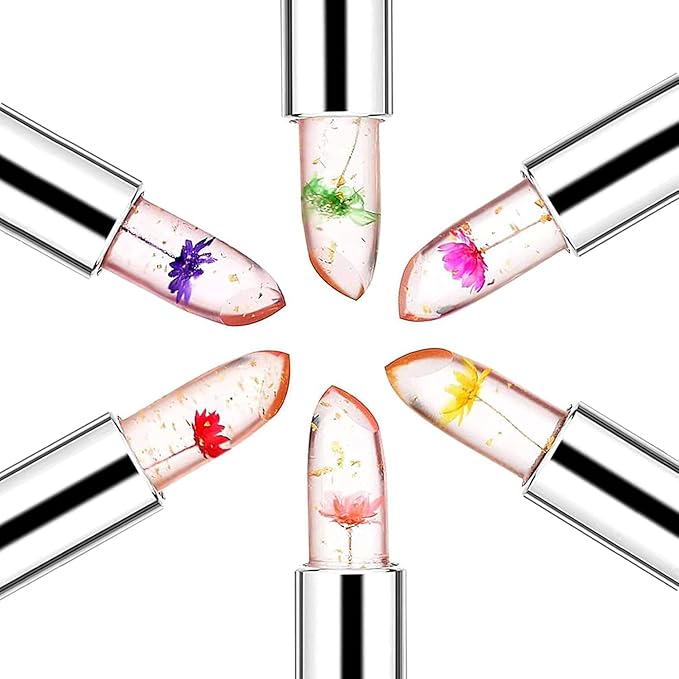 firstfly Pack of 6 Crystal Flower Jelly Lipstick, Long Lasting Nutritious Lip Balm Lips Moisturizer Magic Temperature Color Change Lip Gloss (Pink)