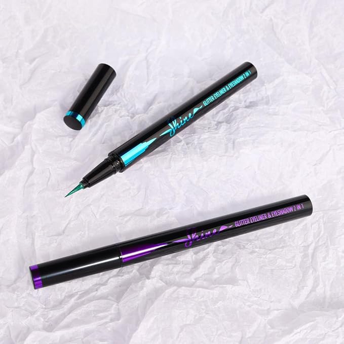 evpct 2Pcs Metallic Purple & Green Glitter Glittering Diamond Liquid Eyeliner Eye Makeup Pencil Set, Sparkle Shimmer Colored Eyeliner Pen Waterproof Smudge Proof Long Lasting High Pigmented