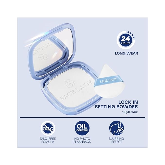 SACE LADY Face Powder Waterproof Setting Makeup, Oil Control Pressed Powder Compact for Women, Blurring Pores Matte Long Lasting Up to 24 Hours, Talc-Free and Cruelty-Free (#00 Translucent, 0.35Oz)