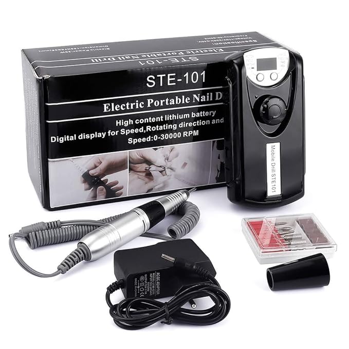 ANRLO Professional Electric Nail Drill, 45000 RPM Cordless Rechargeable E-File Machine, with 12 Bits, Sanding Bands, LCD Display for Acrylic Gel Nails (DMJ-101-Black-USB)