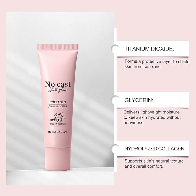 No Cast Just Glow Collagen Sunscreen SPF 50 PA++++ Facial Sunscreen Lightweight, Non-Sticky Face Sunscreen No White Cast Natural Sun screen with Peptide, Centella, Hyaluronic Acid