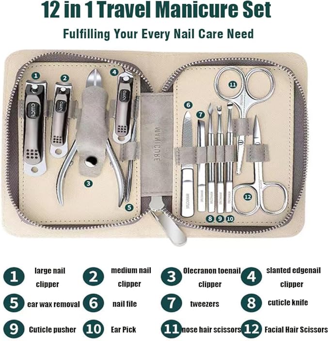 Professional Manicure Kit, Nail Scissors, Cuticle Cutter, Nail Clipper, Hand Sanitizer, Grey