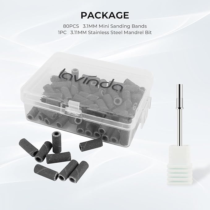 Lavinda 80 Piece Small Sanding Bands Nail Drill Bit, Fine Sanding Bands for Nail Drill with 3.1mm Mandrel Bit for Acrylic Nails Gel Removing Shaping Polishing Nail Salon Use (180 Grit, Black)