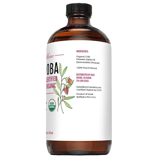 Kate Blanc Cosmetics Organic Jojoba Oil for Hair, Skin & Face (16oz, 100% Pure, Cold Pressed, Natural, Hexane Free, Glass Bottle)