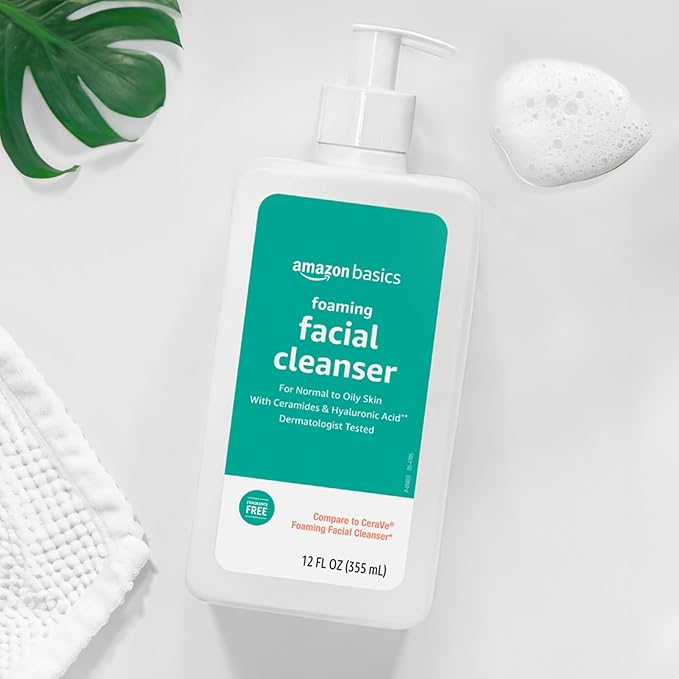 Amazon Basics Foaming Facial Cleanser with Ceramides & Hyaluronic Acid, Fragrance-Free, 12 Fl Oz, Pack of 1