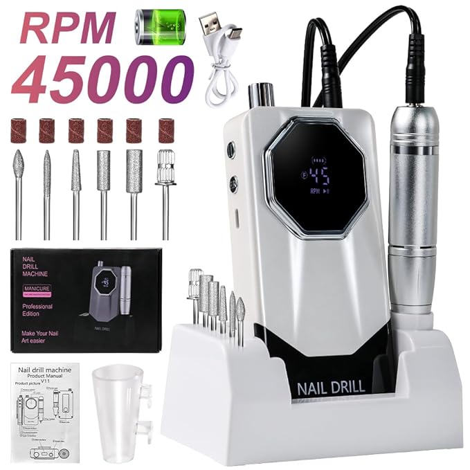 ANRLO Professional Electric Nail Drill, 45000 RPM Cordless Rechargeable E-File Machine, with 12 Bits, Sanding Bands, LCD Display for Acrylic Gel Nails (DMJ-V11-White-USB)