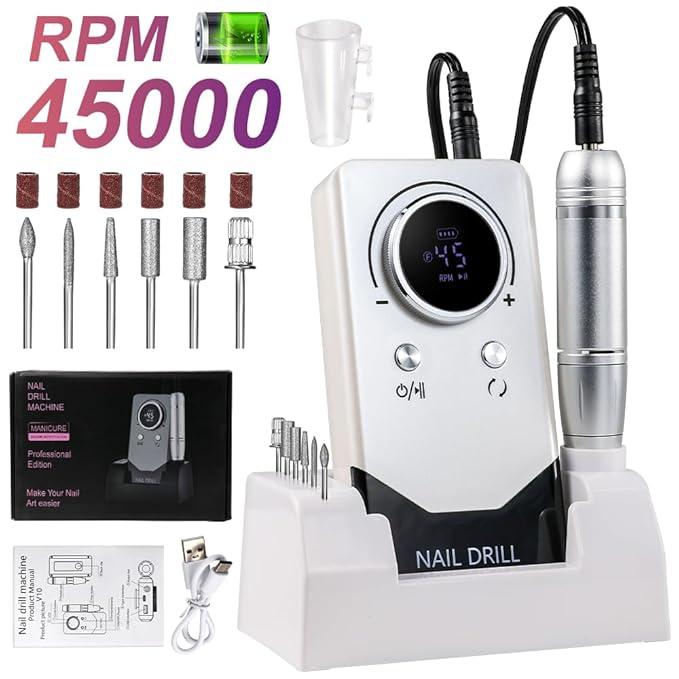 ANRLO Professional Electric Nail Drill, 45000 RPM Cordless Rechargeable E-File Machine, with 12 Bits, Sanding Bands, LCD Display for Acrylic Gel Nails (DMJ-V10-White-USB)