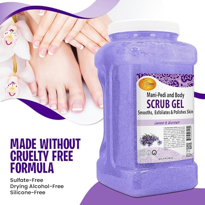 SPA REDI - Exfoliating Scrub Pumice Gel, Lavender and Wildflower, 128 Oz - Manicure, Pedicure and Body Exfoliator Infused with Hyaluronic Acid, Amino Acids, Panthenol and Comfrey Extract
