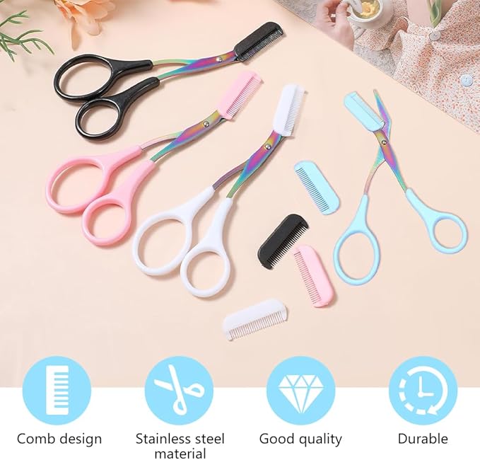 2 in 1 Eyebrow Scissors with Comb, Precision Stainless Steel Eyebrow Trimmer Cutter, Non-Slip Grooming Scissors for Men & Women, Portable Facial Hair Removal Makeup Tool (Blue, 3Pcs)