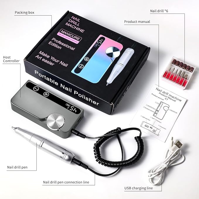 ANRLO Professional Electric Nail Drill, 45000 RPM Cordless Rechargeable E-File Machine, with 12 Bits, Sanding Bands, LCD Display for Acrylic Gel Nails (Metallic Gray)