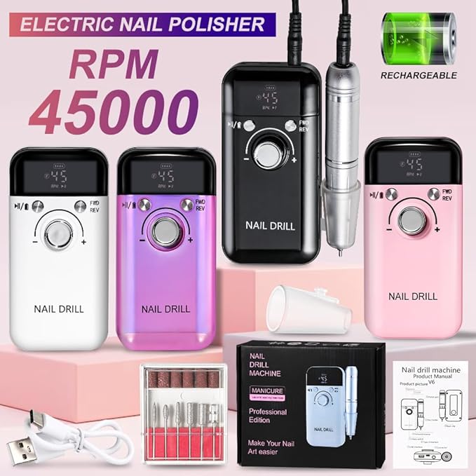 ANRLO Professional Electric Nail Drill, 45000 RPM Cordless Rechargeable E-File Machine, with 12 Bits, Sanding Bands, LCD Display for Acrylic Gel Nails (DMJ-V6-Black-USB)