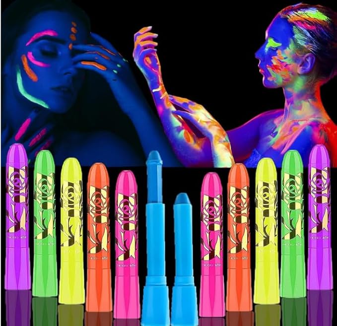 12 Pcs Face Painting Kits for Kids, Glow In The Dark Under UV Black Light Sticks,Face Body Paint Glow Party Supplies,for Birthday, Halloween, Thanksgiving Day, Cosplay Makeup, Gifts for Kids Adult