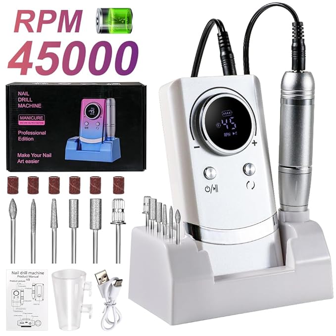 ANRLO Professional Electric Nail Drill, 45000 RPM Cordless Rechargeable E-File Machine, with 12 Bits, Sanding Bands, LCD Display for Acrylic Gel Nails (DMJ-V8-White-USB)