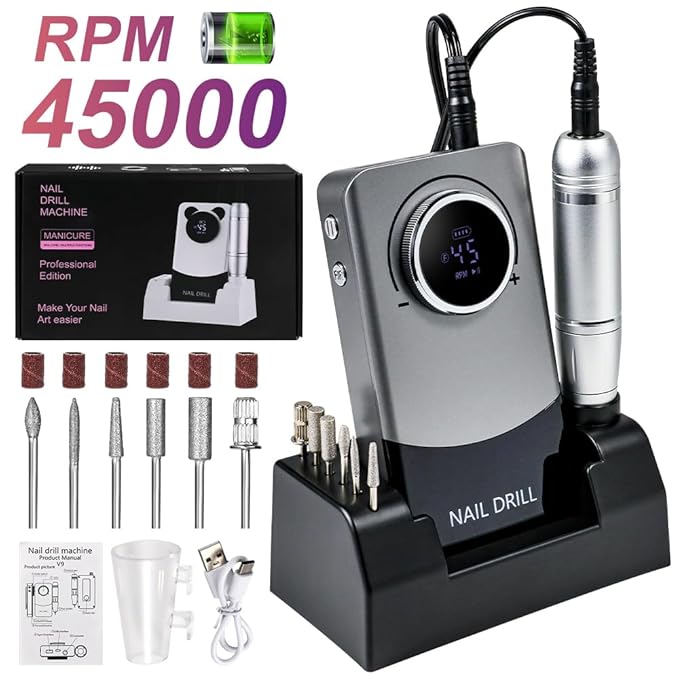 ANRLO Professional Electric Nail Drill, 45000 RPM Cordless Rechargeable E-File Machine, with 12 Bits, Sanding Bands, LCD Display for Acrylic Gel Nails (DMJ-V9-Gray-USB)