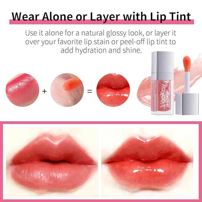 Color Changing Lip Gloss - Non-Sticky Hydrating Lip Oil, High Shine Glassy Finish, PH Reactive Tinted Lip Plumper, Long Lasting Moisture & Glow(03 PEACH SHINE)