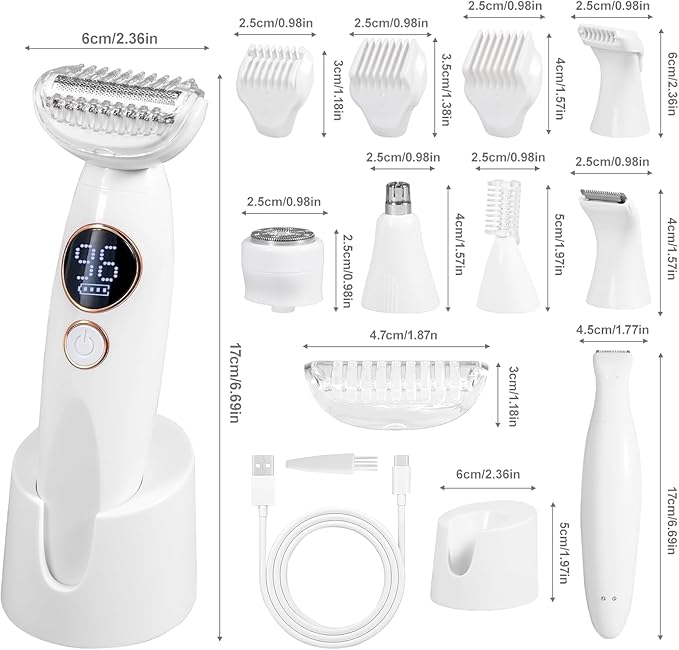 Bikini Trimmer for Women, Electric Razors for Silk Skin 5-in-1, IPX7 Waterproof, USB Rechargeable, Electric Razors for Women for Face, Eyebrows, Body, Bikini Zone with Charging Station
