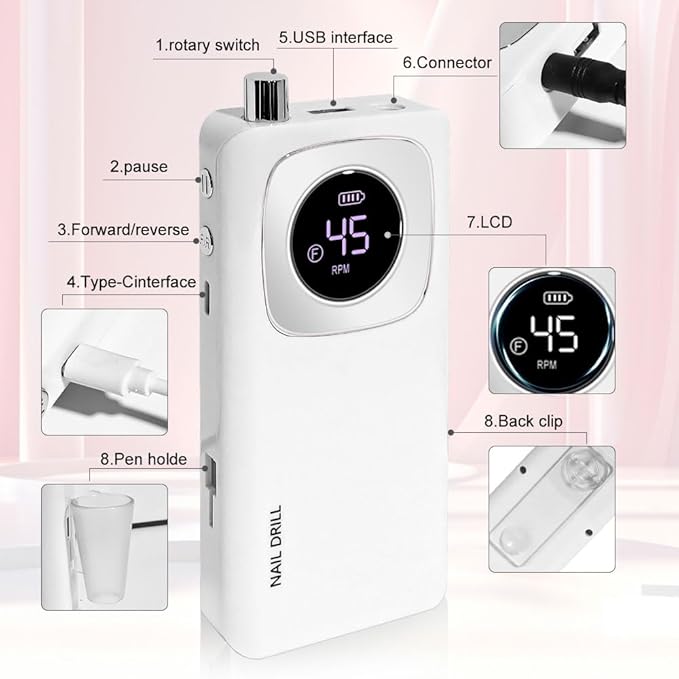 ANRLO Professional Electric Nail Drill, 45000 RPM Cordless Rechargeable E-File Machine, with 12 Bits, Sanding Bands, LCD Display for Acrylic Gel Nails (DMJ-V4-WHITE-USB)