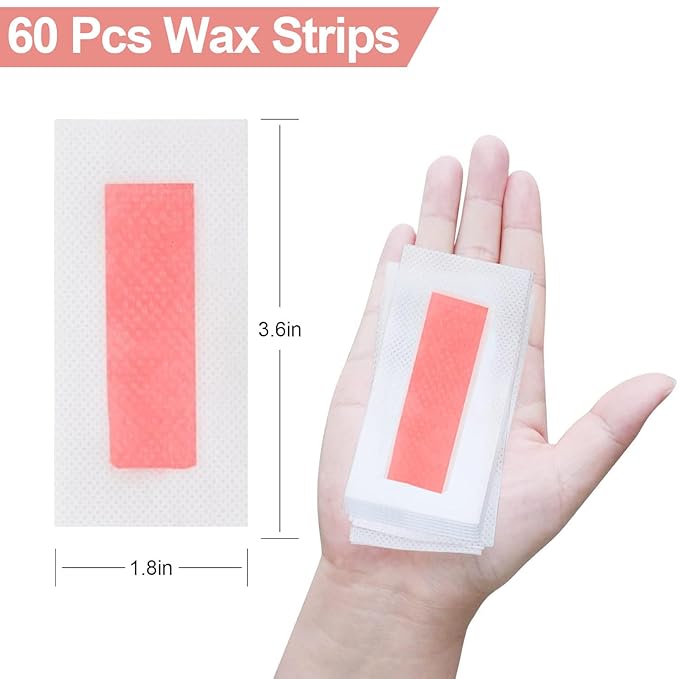 Facial Wax Strips 60 Pcs, Facial Hair Removal for Women, Waxing Strips for Face Eyebrow Upper Lip Cheek Hair Remover, Quick & Painless At Home Waxing Kit for All Skin Types with 6 Pcs Wax Wipes (Pink)