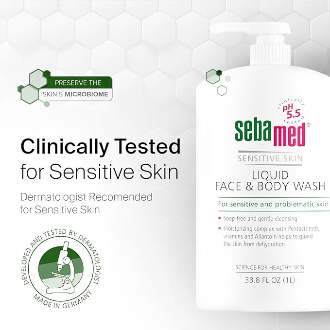 SEBAMED Sensitive Skin Face and Body Wash for Women and Men, pH 5.5, Mild Gentle Hydrating Cleanser, Hypoallergenic Body Wash, Dermatologist Recommended, 33.8 Fluid Ounces (1 Liter)