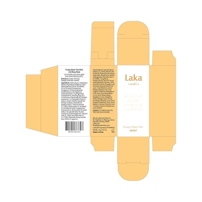 Laka Fruity Glam Lip Tint Mini, 1.9g/0.07oz, Glowing Lip Stain with Wide Color Spectrum, Hydrating & Lightweight Texture, Long-Lasting Bold Stain, Non-Sticky, Vegan, K-Beauty (#122 Rosyrose)