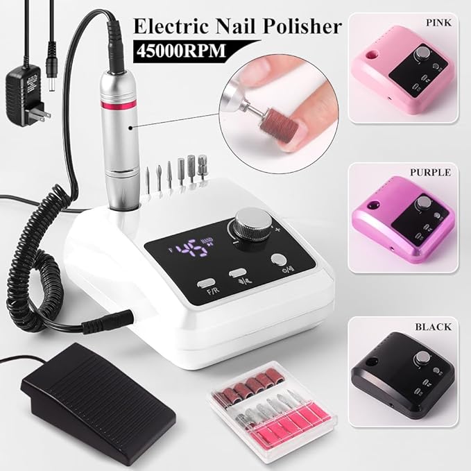 ANRLO Professional Electric Nail Drill, 45000 RPM Cordless Rechargeable E-File Machine, with 12 Bits, Sanding Bands, LCD Display for Acrylic Gel Nails (DMJ-204-White-US)