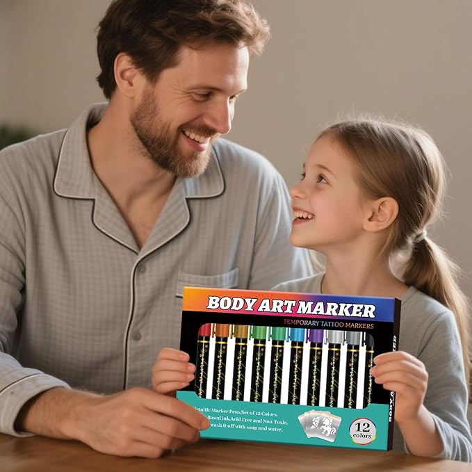 Temporary Tattoo Markers for Skin, 12 Metallic Markers Assorted Colors + 160 Tattoo Stencils for Kids Adults Women Men Body Marker Set