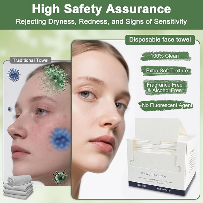 Face Towels Disposable, 12” x 10” Biobased Facial Towelettes, Large Soft & Thick Dry Wipes for Gentle Skincare, Face Washing & Makeup Removal, Lint-Free Clean Facial Towels, 50 Count