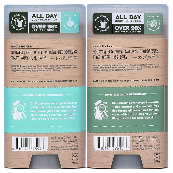 Dr. Squatch Invisible Glide Natural Men’s Deodorant – Smooth Glide, No Stains – Aluminum Free Deodorant Men – Safe for Sensitive Skin – Coconut Castaway + Rainforest Rapids, 2.65oz (2-Pack)